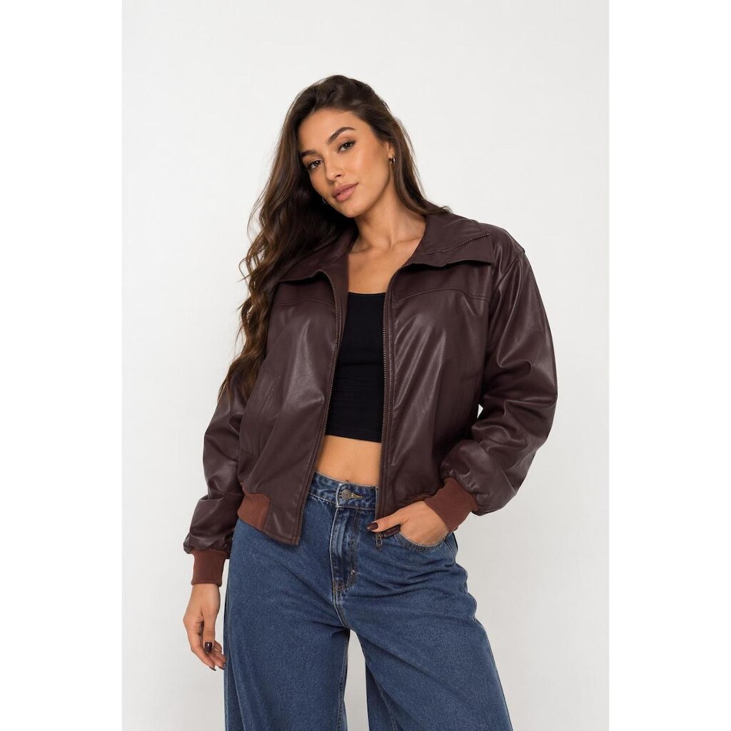 Jaqueta D Bell Outlet Fashion Bomber Couro Marrom