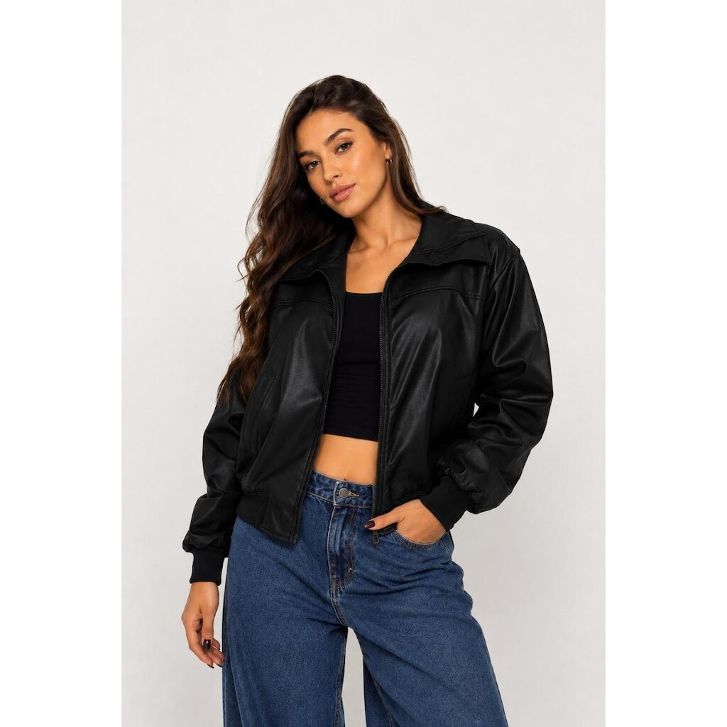 Jaqueta D Bell Outlet Fashion Bomber Couro Preto