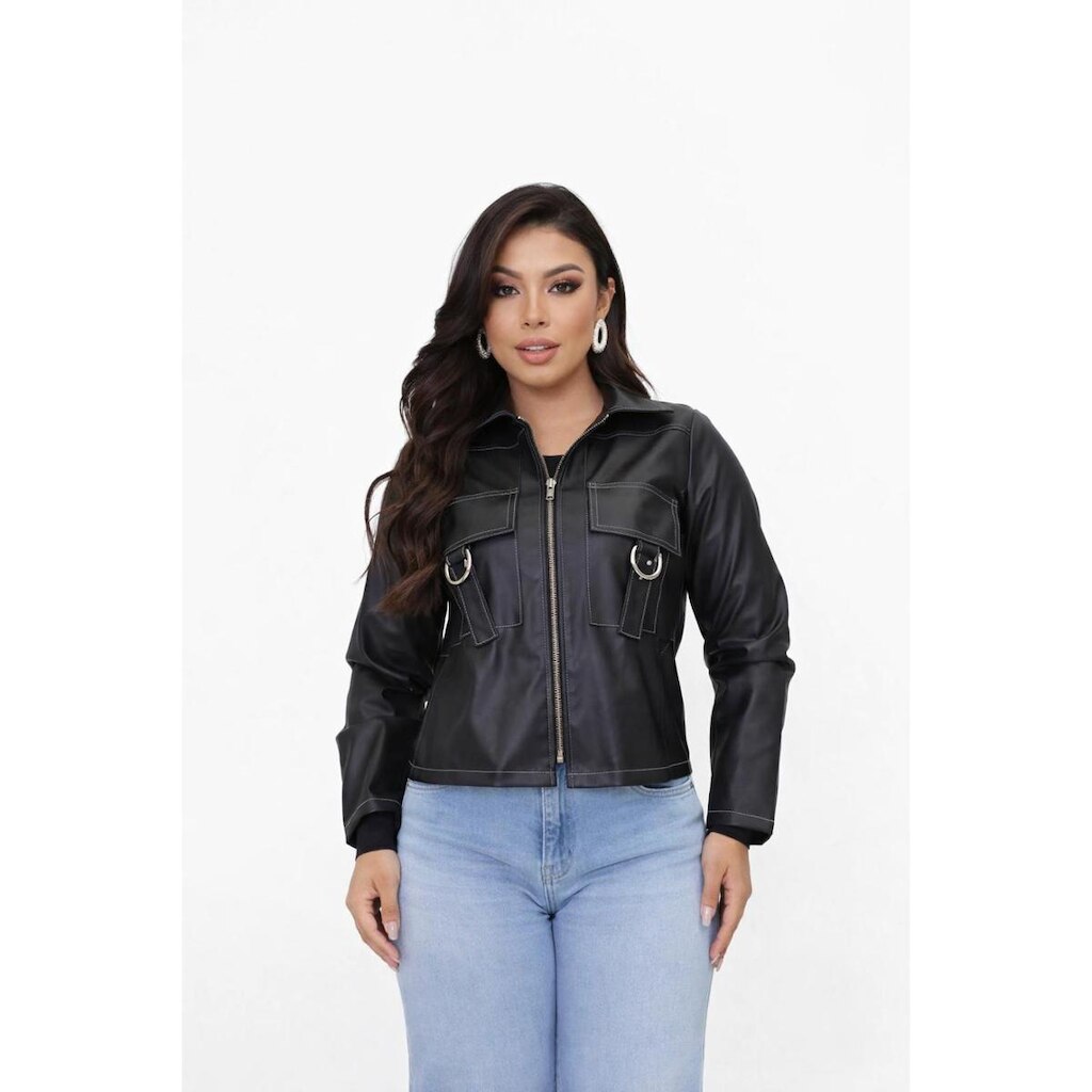 Jaqueta D Bell Outlet Fashion Couro Preta