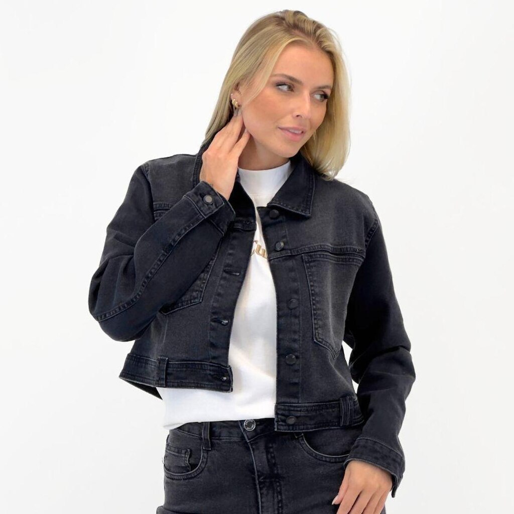 Jaqueta Daksul Curta em Jeans Estonado Feminina