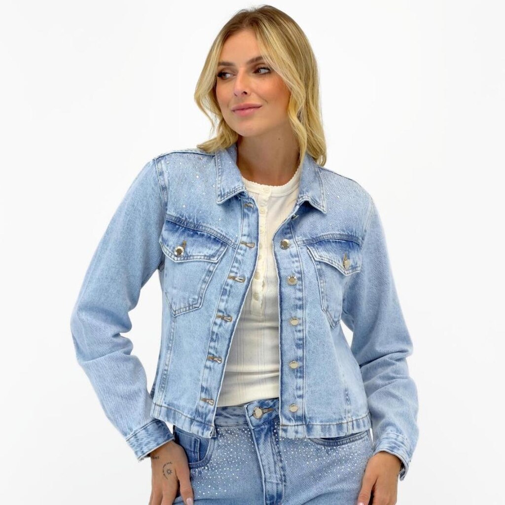 Jaqueta Daksul Jeans Curta com Strass Feminina