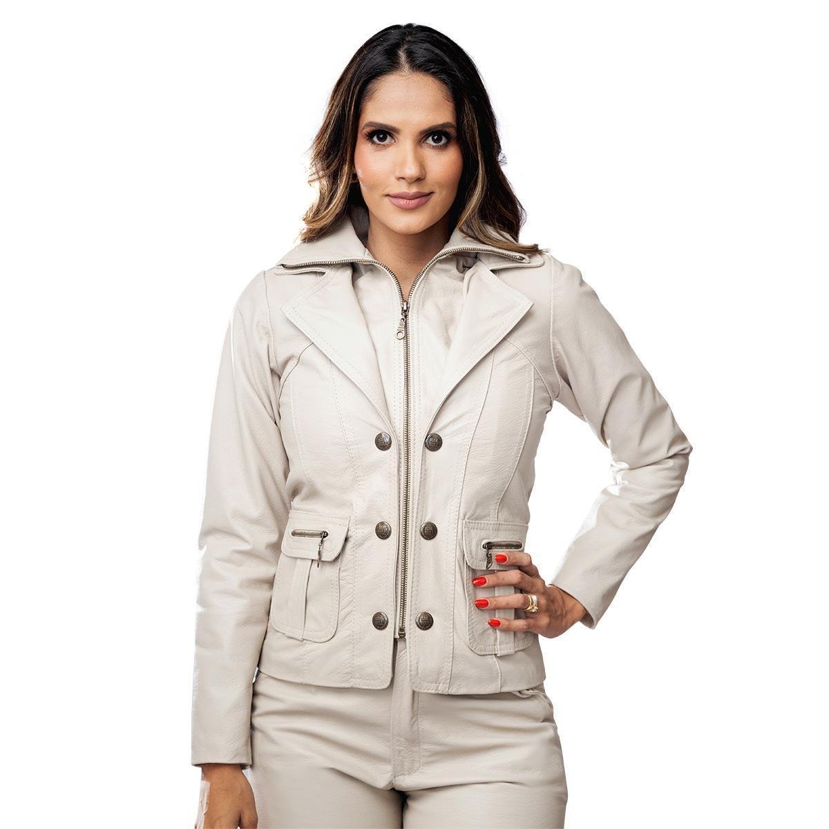 Jaqueta de couro feminina casaco Charlotte - Off White Menor preço em Jaqueta de couro feminina casaco Charlotte - Off White