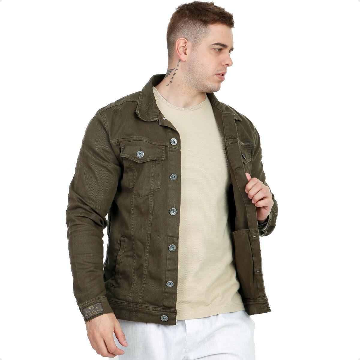 Jaqueta Destroyed Sarja Jeans Musgo Slim Masculina Menor preço em Jaqueta Destroyed Sarja Jeans Musgo Slim Masculina