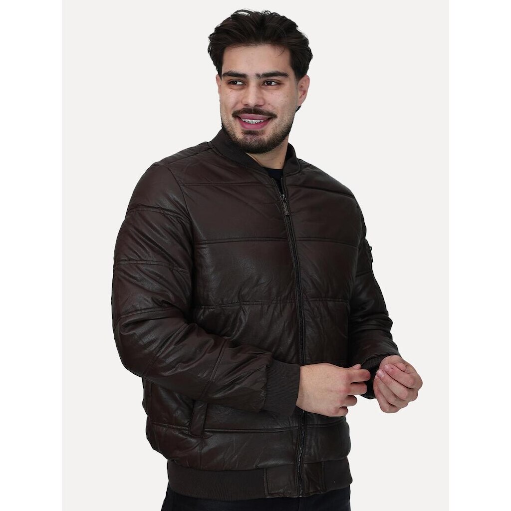 Jaqueta Dixen Masculina PU Manga Zíper Frontal Marrom