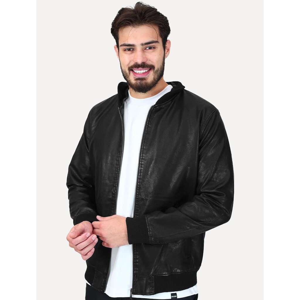 Jaqueta Dixen PU Bomber Capuz Zíper Frontal Preto
