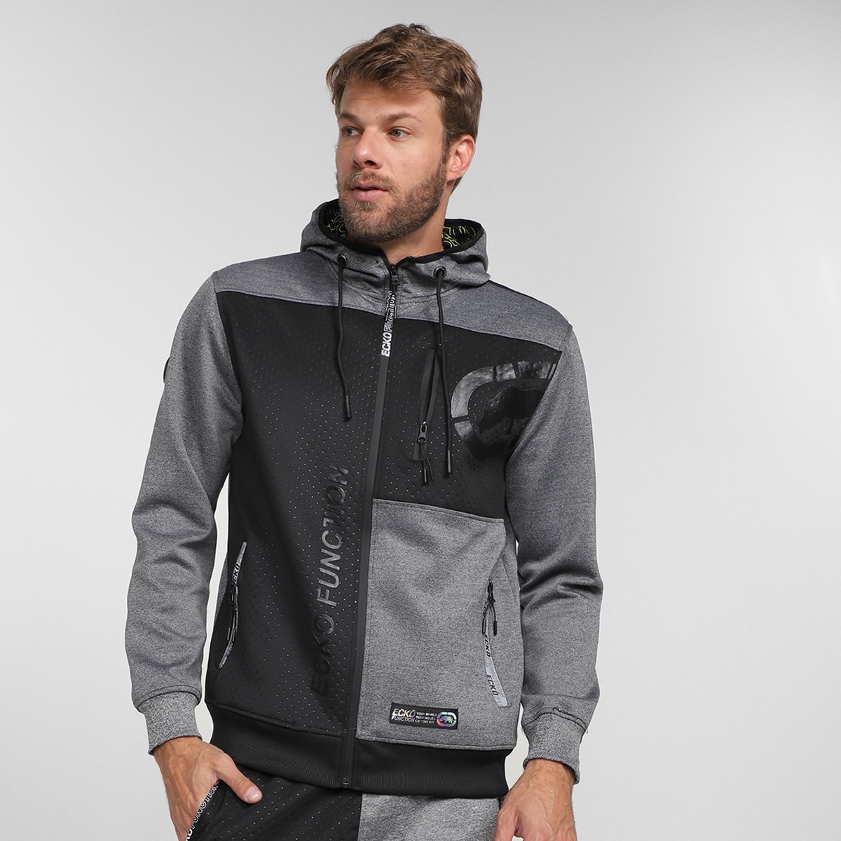 Jaqueta Ecko Estampada Com Capuz Masculina - Cinza+Preto Menor preço em Jaqueta Ecko Estampada Com Capuz Masculina - Cinza+Preto
