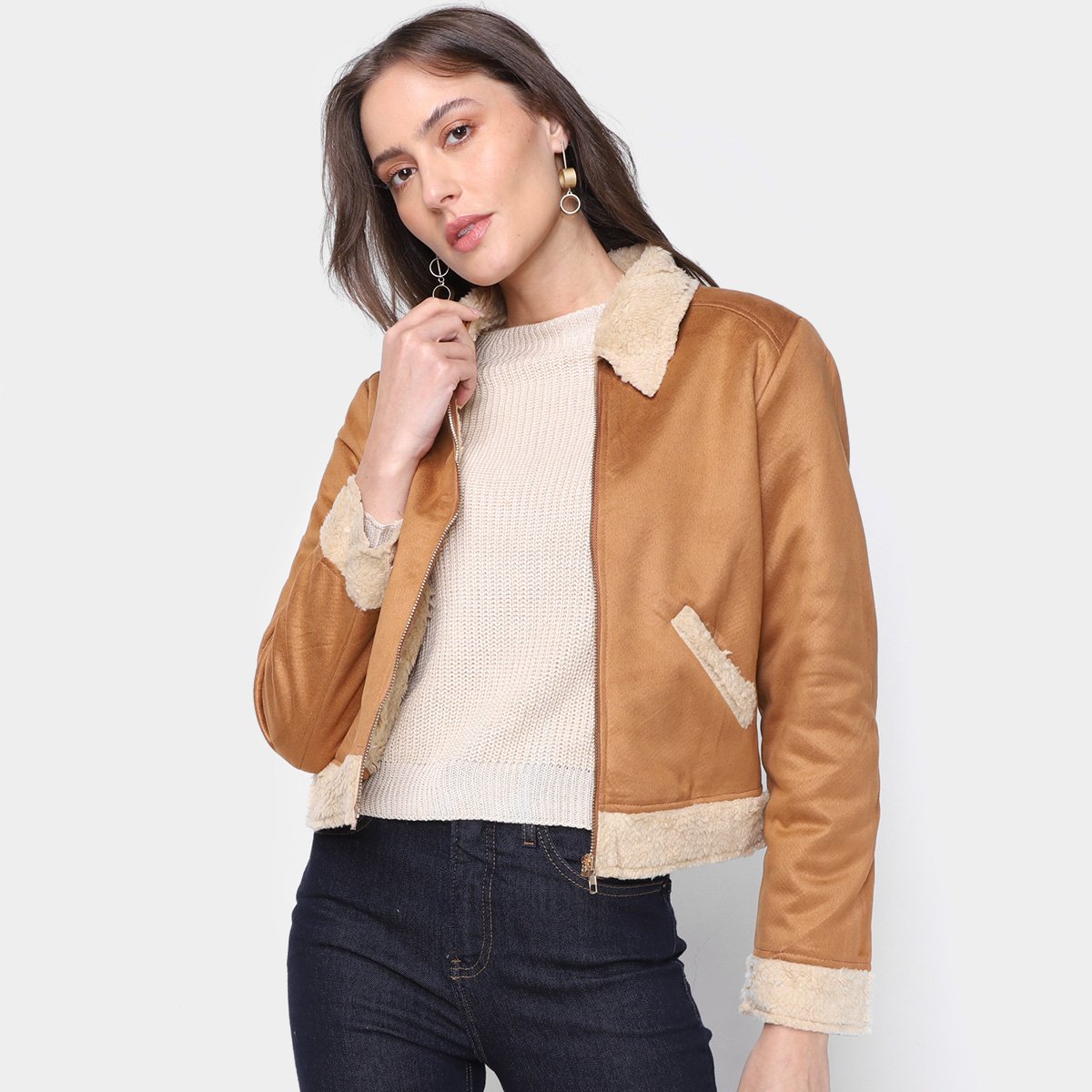Jaqueta Extin Suede Com Pelinho Feminina - Caramelo Menor preço em Jaqueta Extin Suede Com Pelinho Feminina - Caramelo