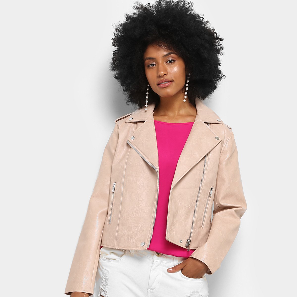Jaqueta Facinelli Biker com Gola Feminina - Nude Menor preço em Jaqueta Facinelli Biker com Gola Feminina - Nude
