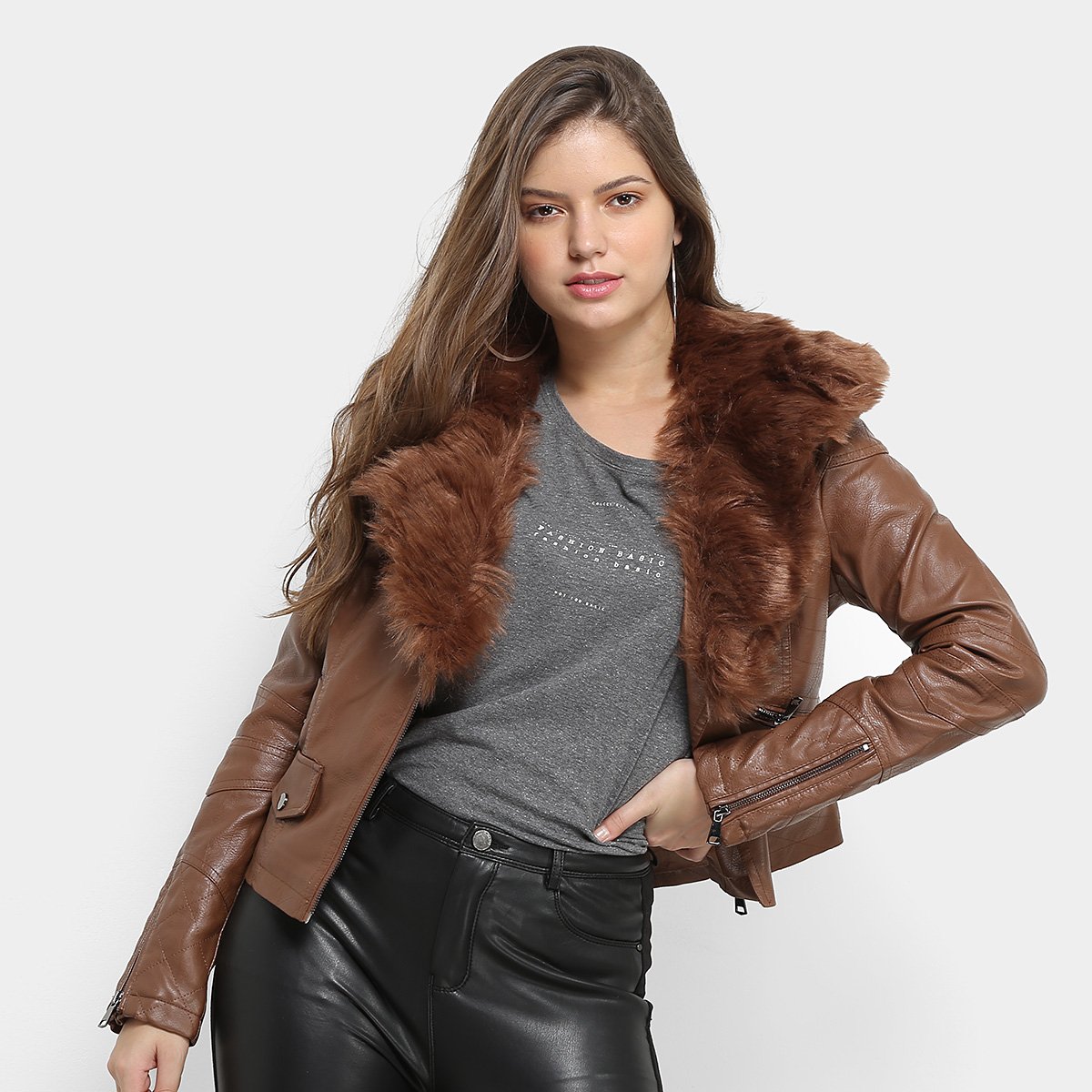 Jaqueta Facinelli Poliuretano Pelos Feminina - Marrom Menor preço em Jaqueta Facinelli Poliuretano Pelos Feminina - Marrom