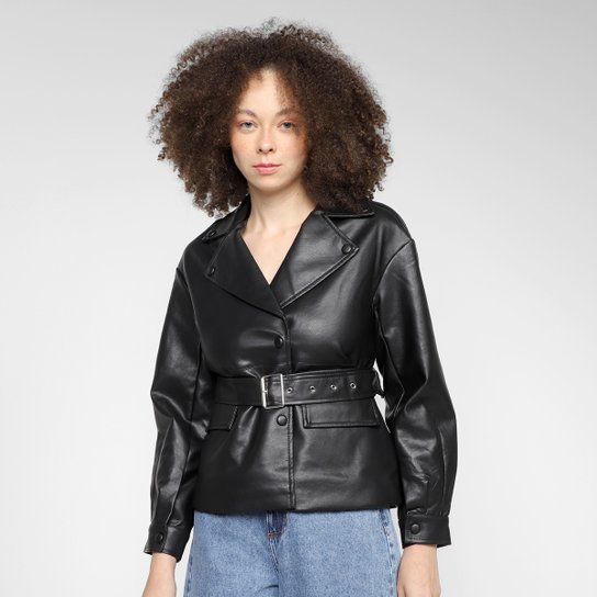 Jaqueta Facinelli Trench Coat PU Feminina - Preto