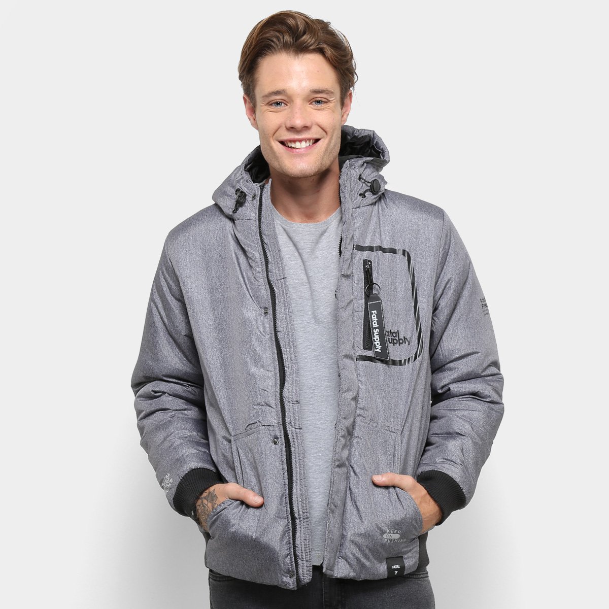 Jaqueta Fatal Mesclada Capuz Masculina - Cinza Claro Menor preço em Jaqueta Fatal Mesclada Capuz Masculina - Cinza Claro