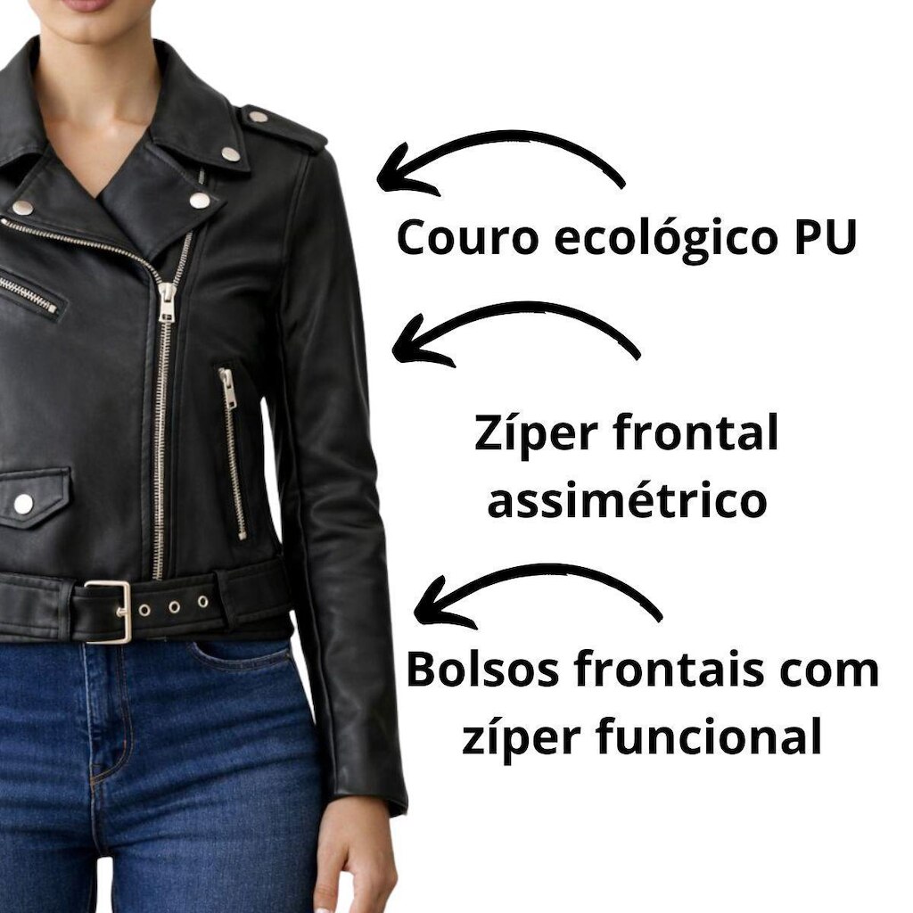 Jaqueta Feminina Biker Couro PU Preta Slim Premium