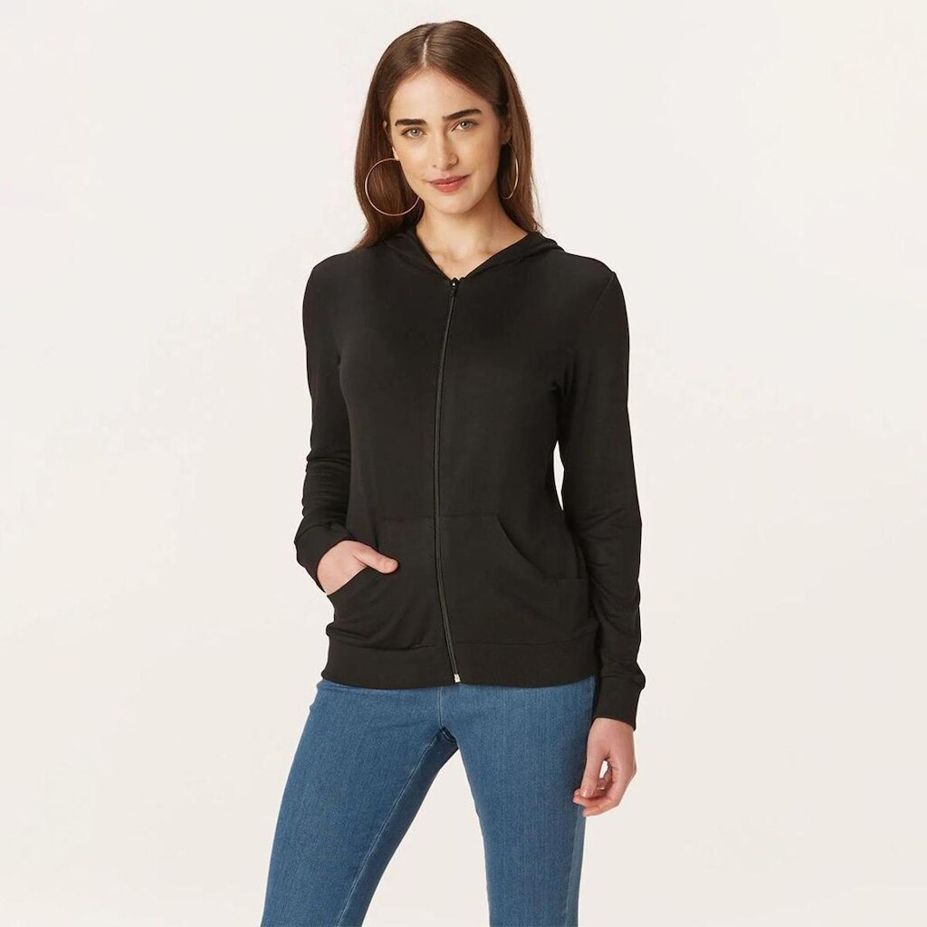 Jaqueta Feminina Com Bolsos Moletinho De Viscose - Preto Preto XG