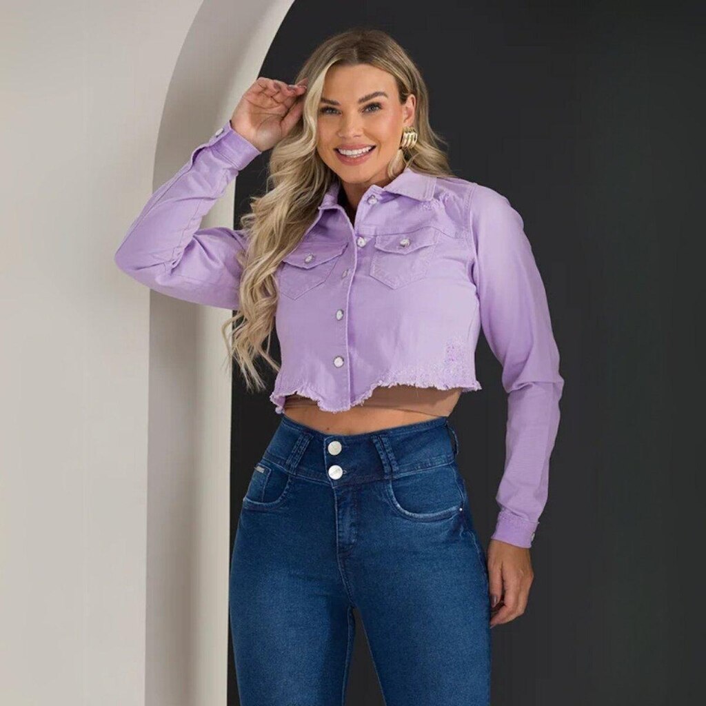 Jaqueta Feminina Cropped Jeans Collor (Não Desbota) Fecho em Botões Manga longa elastano lycra