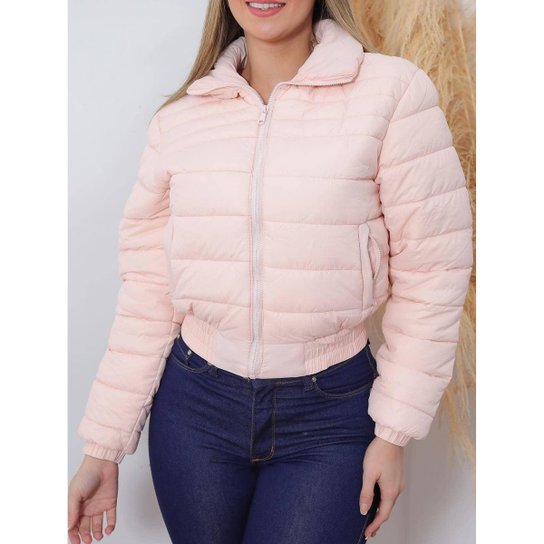 Jaqueta Feminina Cropped Puffer de Inverno Gominho Rosa Bebê Zattini