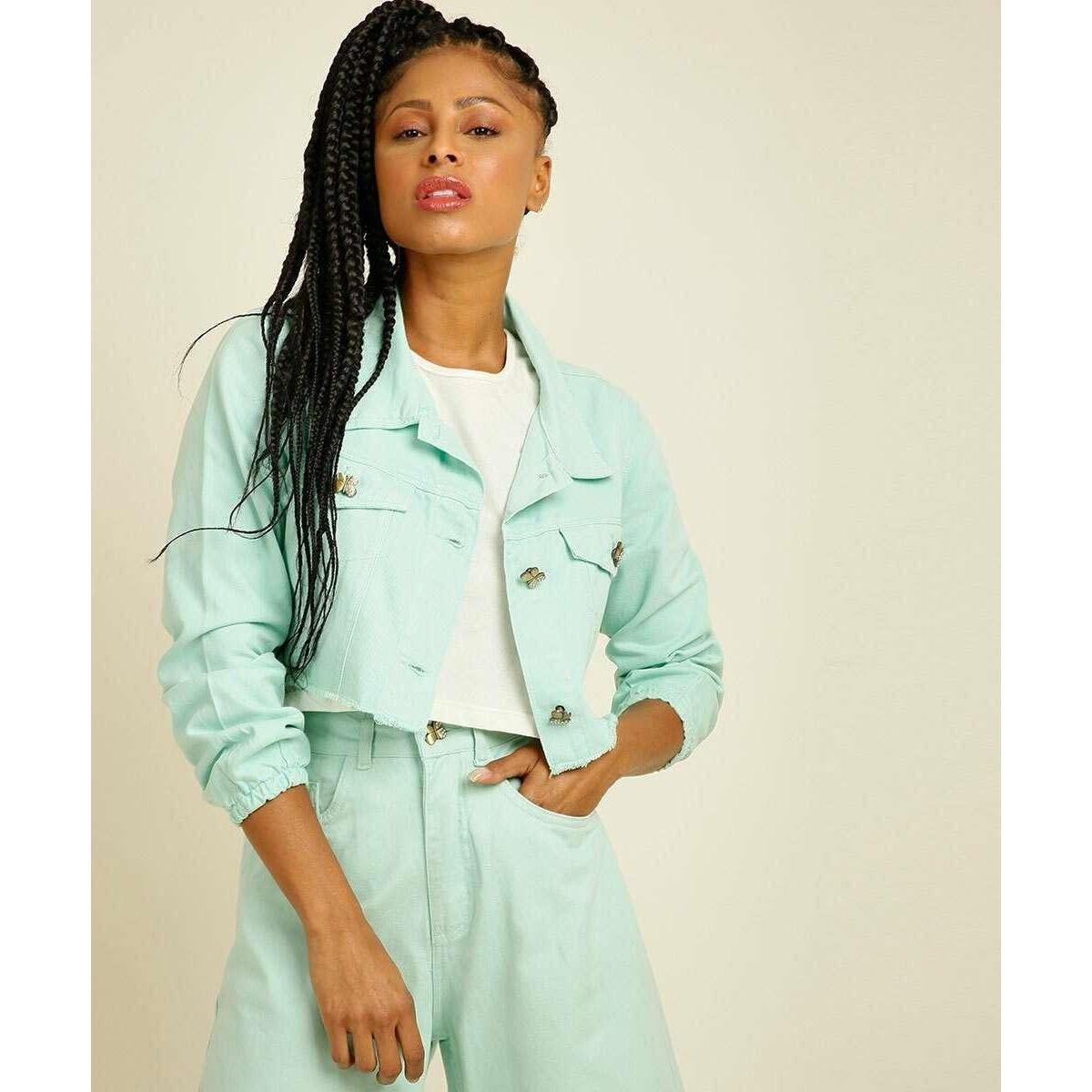 Jaqueta Feminina Cropped Sarja Manga Longa Razon - 10048991209 - Verde Menor preço em Jaqueta Feminina Cropped Sarja Manga Longa Razon - 10048991209 - Verde