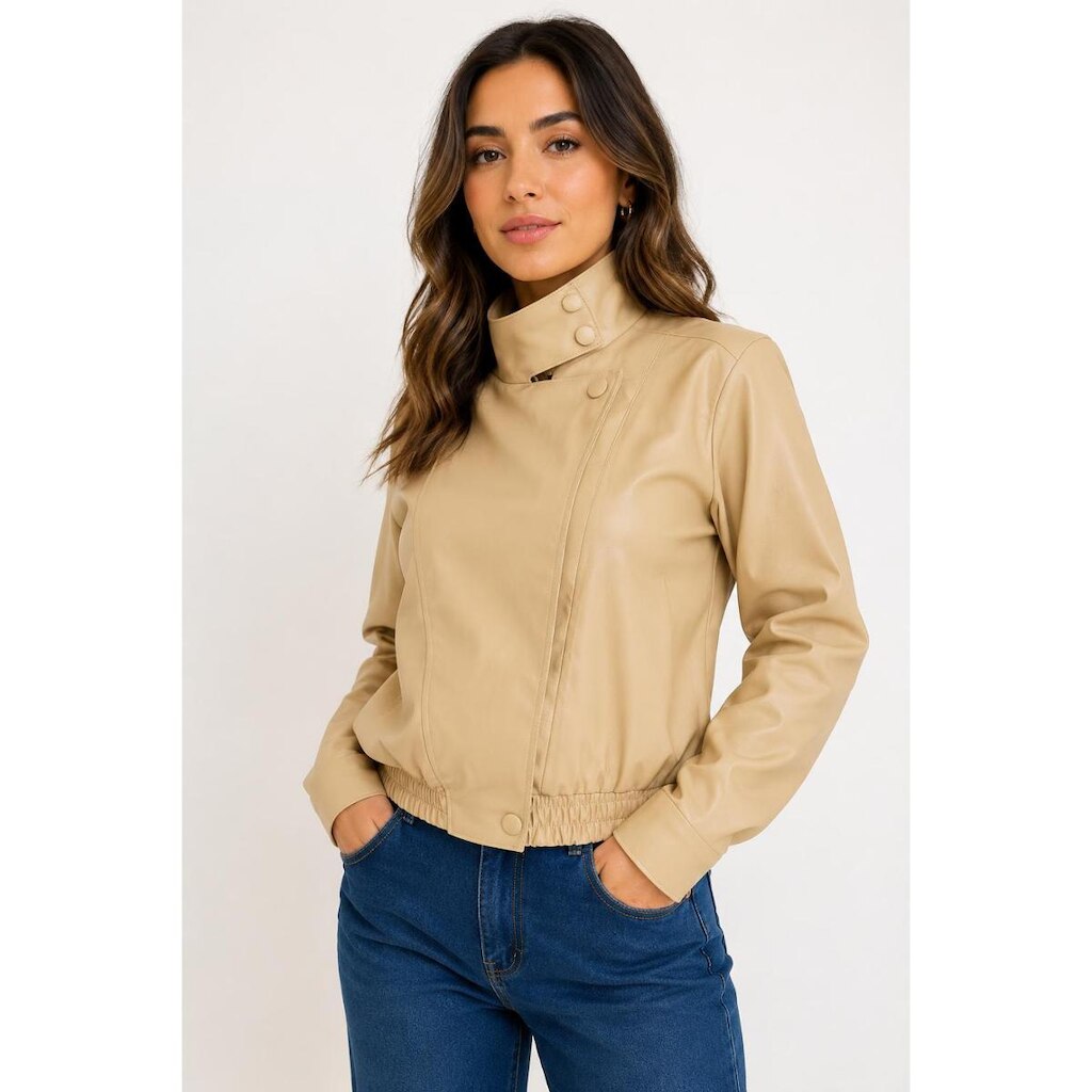 Jaqueta Feminina D Bell Outlet Fashion Bomber Couro Bege