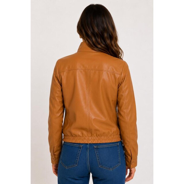 Jaqueta Feminina D Bell Outlet Fashion Bomber Couro Caramelo