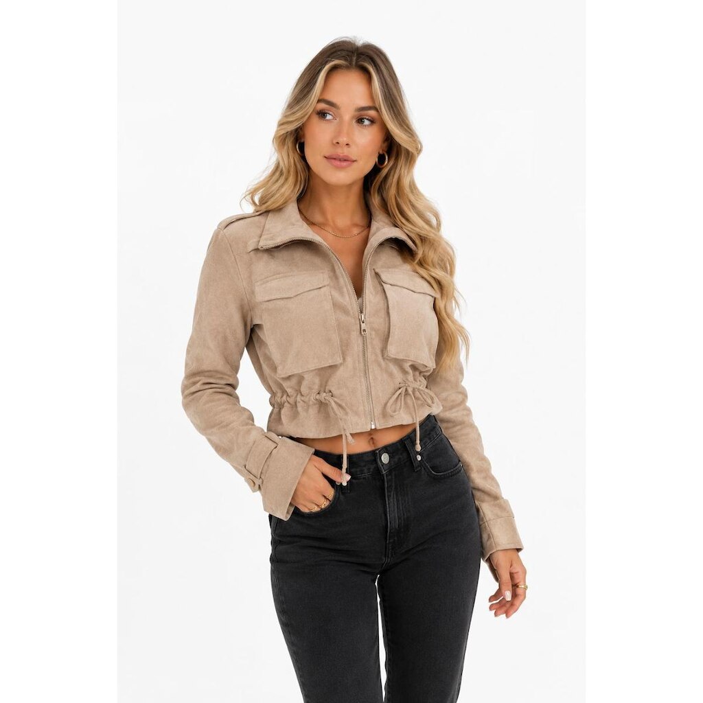 Jaqueta Feminina D Bell Outlet Fashion Bomber Suede Areia
