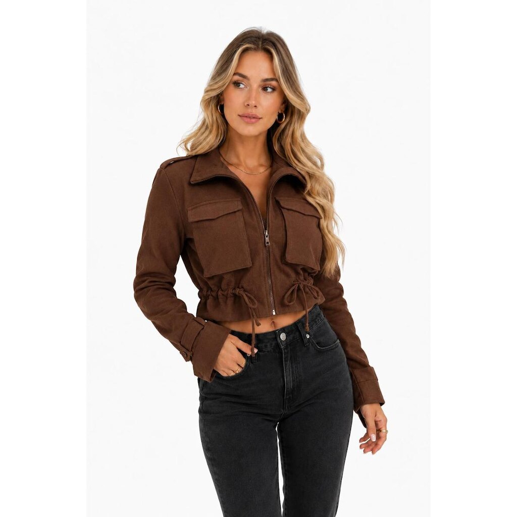 Jaqueta Feminina D Bell Outlet Fashion Bomber Suede Marrom