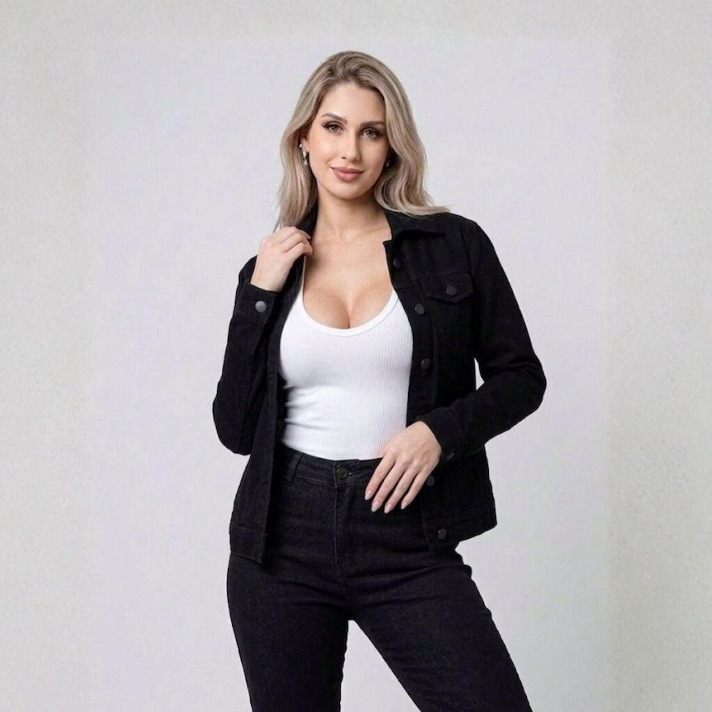Jaqueta Feminina Jeans Preta Oversized com Bolsos e Botões – Estilo Casual