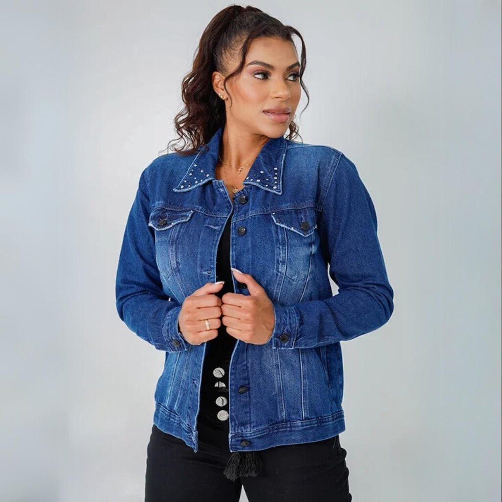 Jaqueta Feminina Jeans Tradicional com Bolsos Frontais Strass na Gola Tradicional