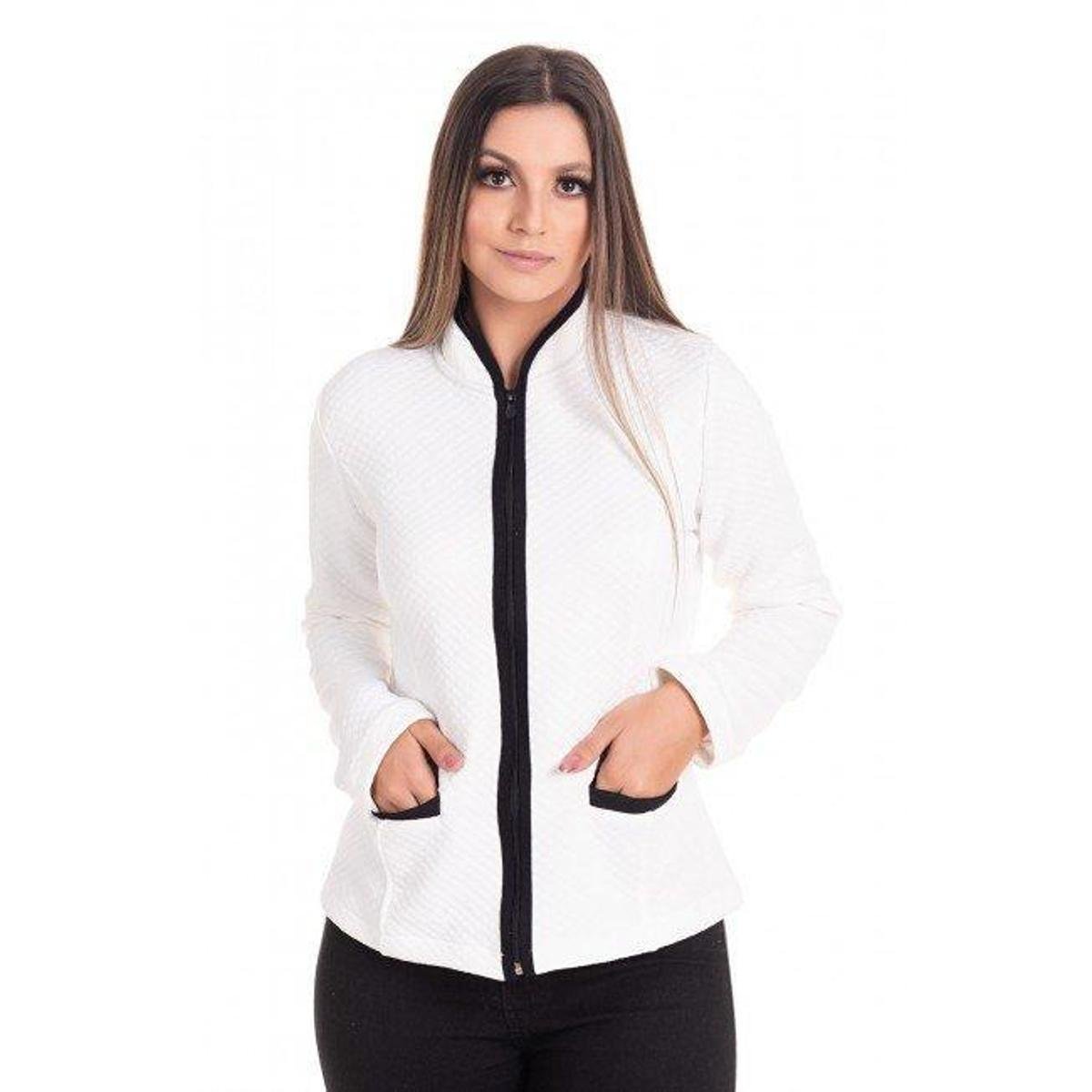 Jaqueta Feminina Matelassê de Malha com Frizos Contrastantes. Menor preço em Jaqueta Feminina Matelassê de Malha com Frizos Contrastantes.