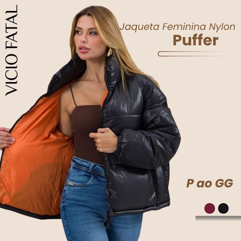 Jaqueta Feminina Nylon Puffer Forro Amlplo Gola Alta Capuz Removível