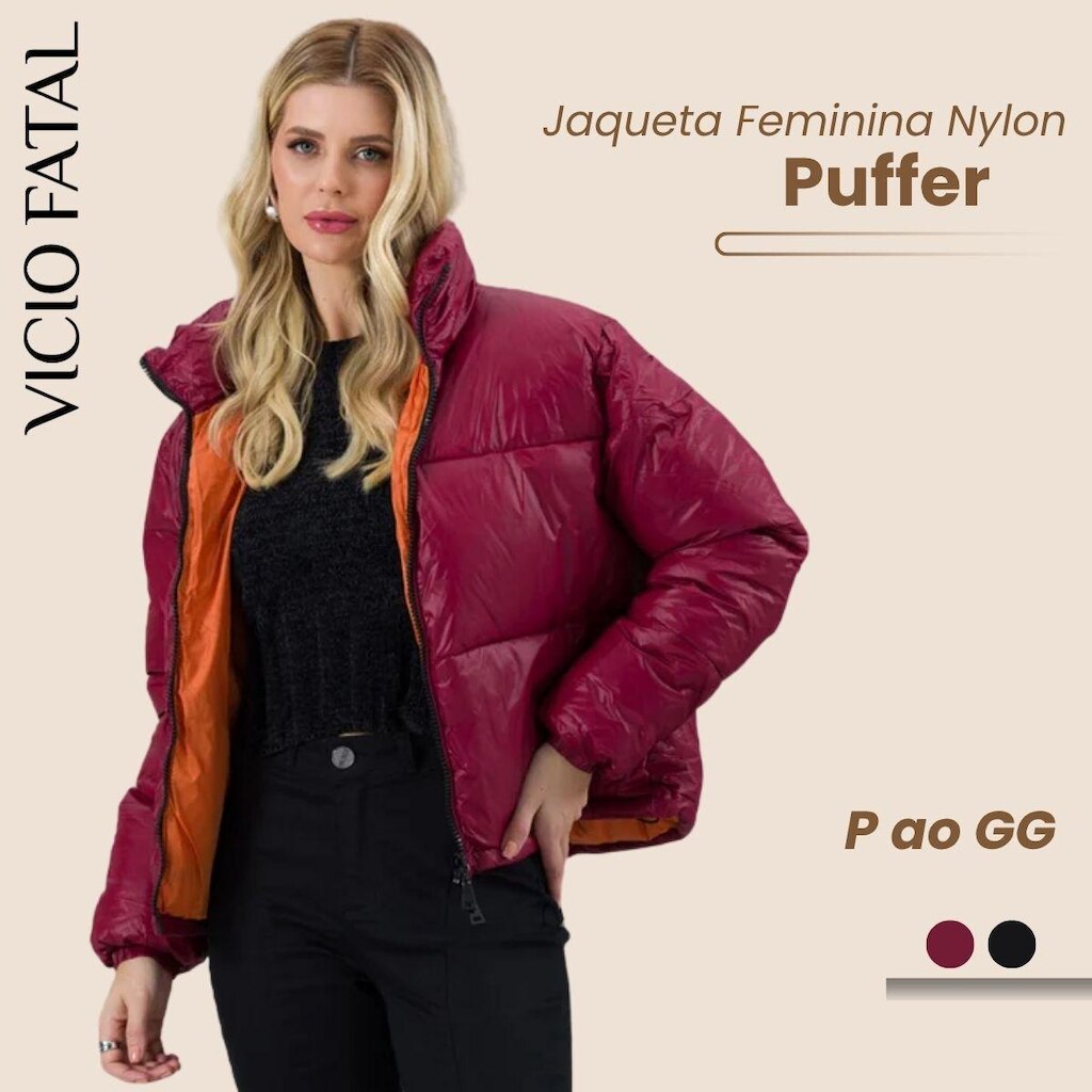 Jaqueta Feminina Nylon Puffer Forro Amlplo Gola Alta Capuz Removível