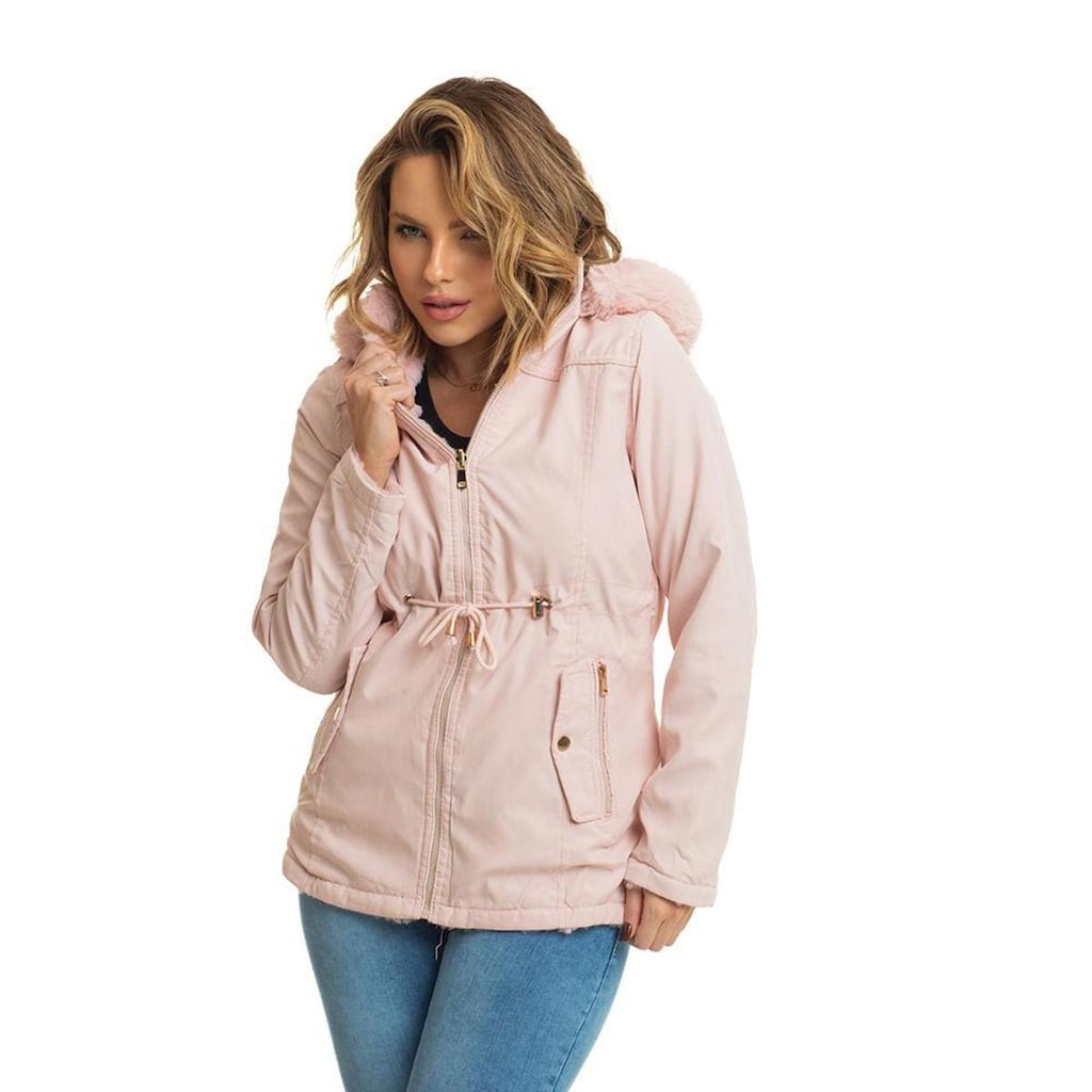 Jaqueta Feminina Parkar Sarja Teddy Dupla Face Pelinho Com Capuz Removível Rosa Claro Emporio Alex