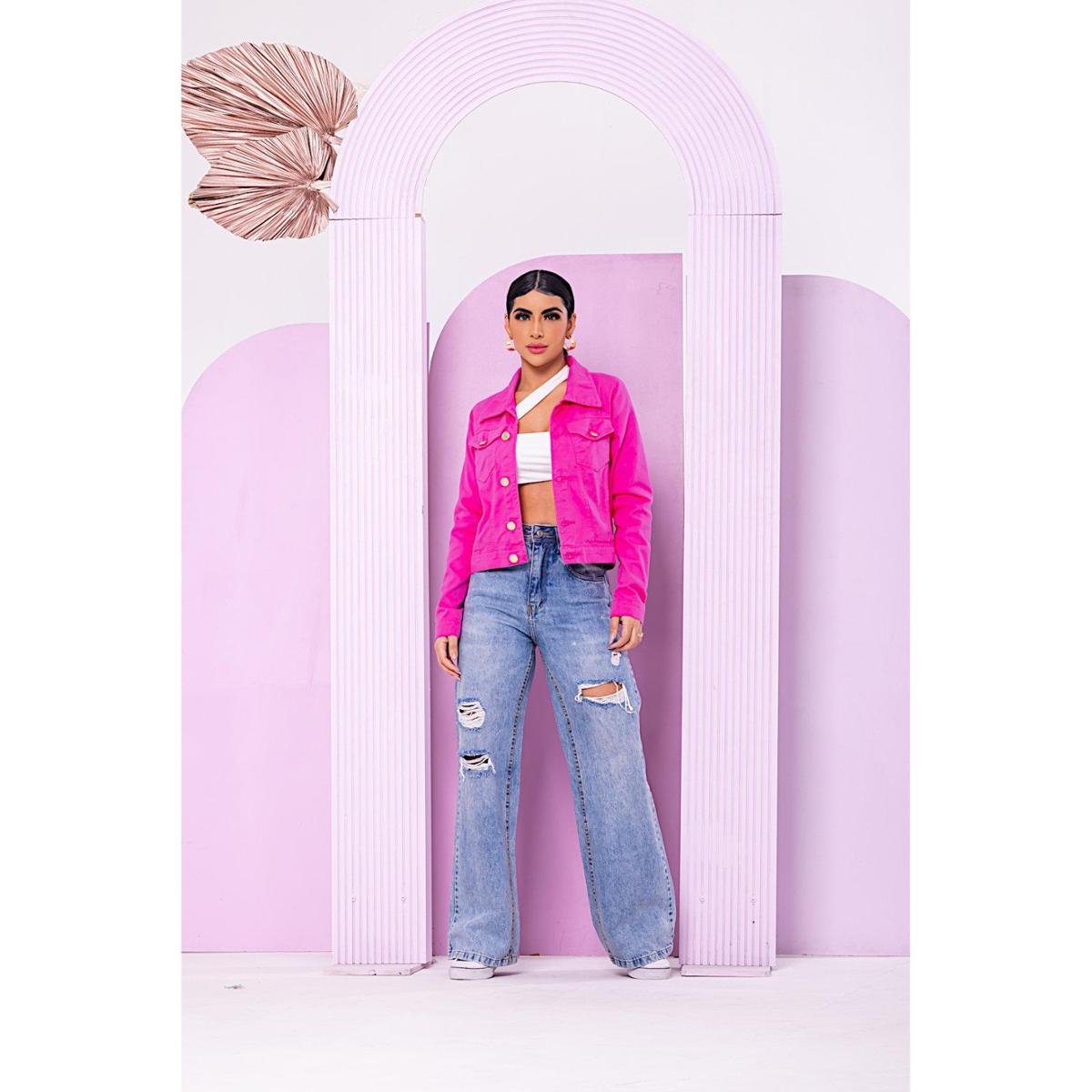 Jaqueta Feminina Pink Rosa e Colorida Jeans Brim Denim Zattini