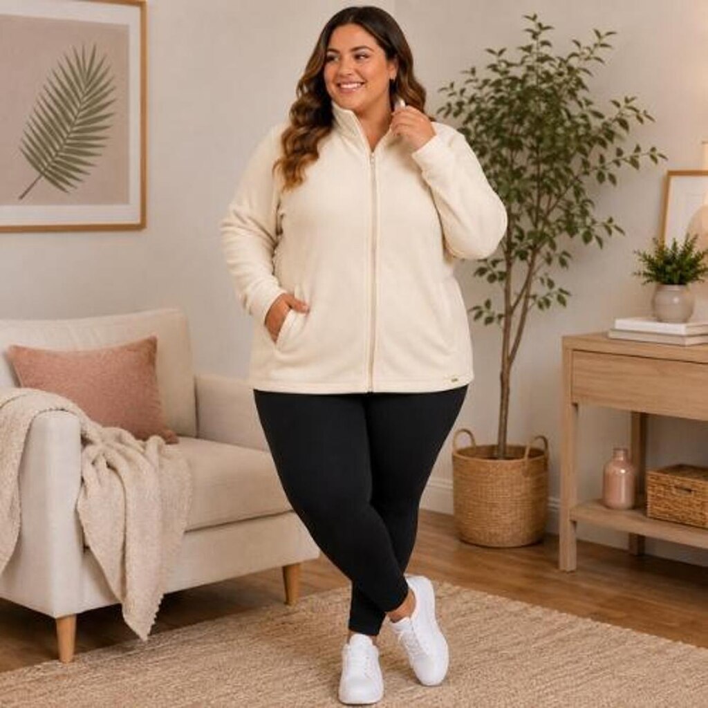Jaqueta Feminina Plus Size em Poliéster com Zíper e Bolsos Laterais