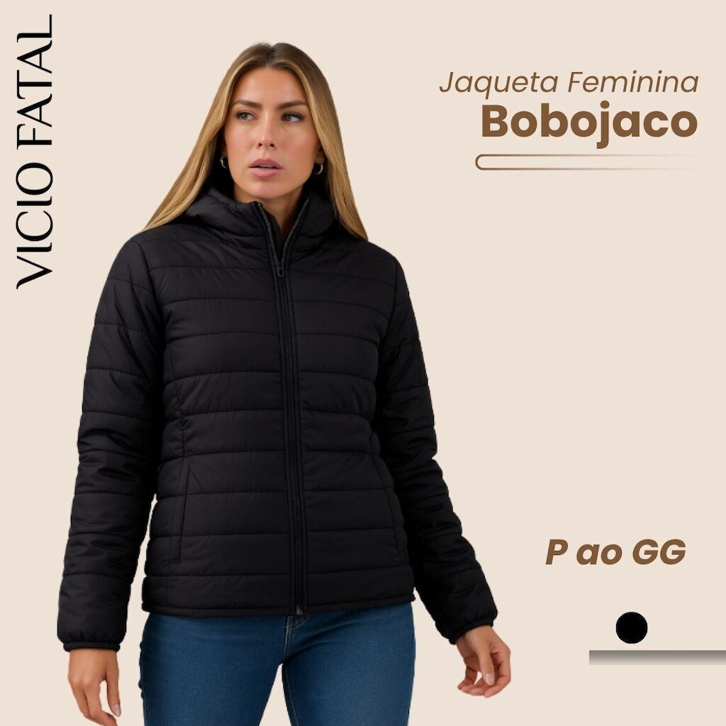 Jaqueta Feminina Puffer Bobojaco Capuz Nylon Impermeável com Bolsos e Capuz Removível Moda Inverno