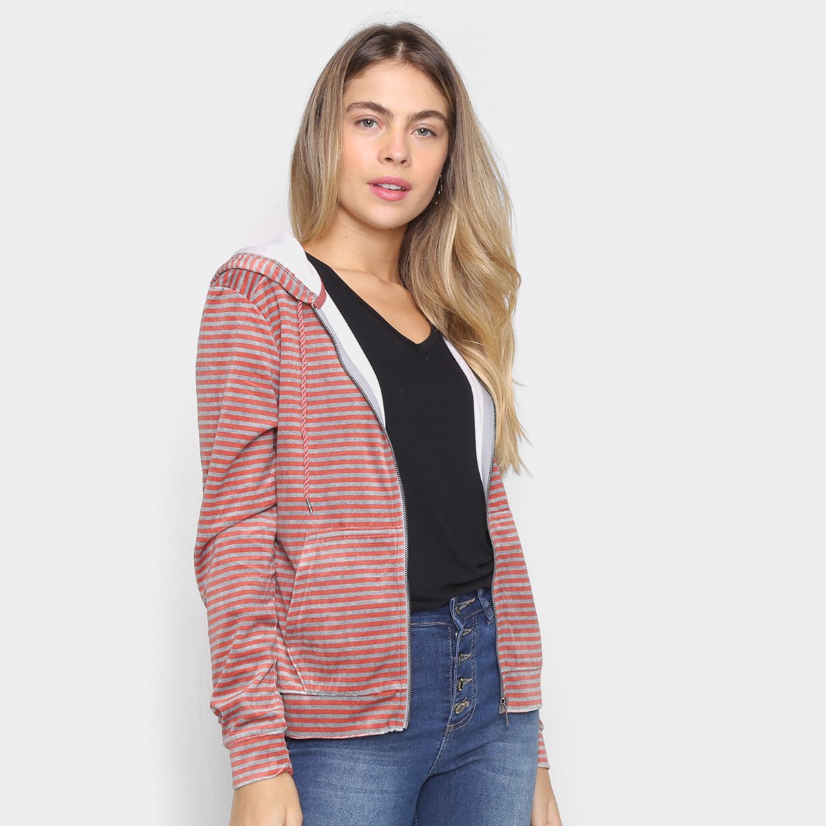 Jaqueta Hering Plush Com Capuz Feminina - Listrado Menor preço em Jaqueta Hering Plush Com Capuz Feminina - Listrado