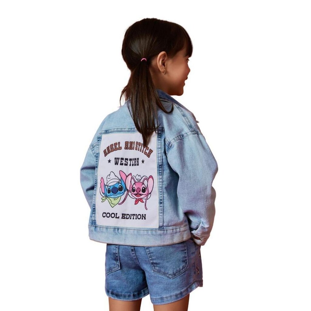 Jaqueta Infantil Menina Disney Stitch Western Alphabeto Jeans