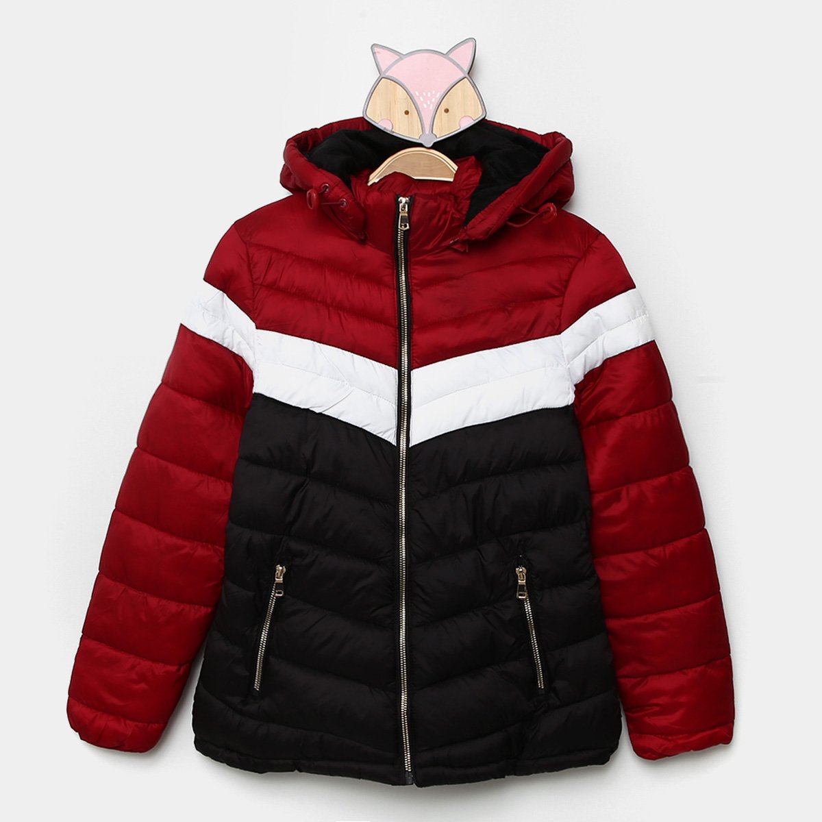 Jaqueta Infantil Puffer Pix Love Tricolor Com Capuz Menina - Preto+Vermelho Menor preço em Jaqueta Infantil Puffer Pix Love Tricolor Com Capuz Menina - Preto+Vermelho