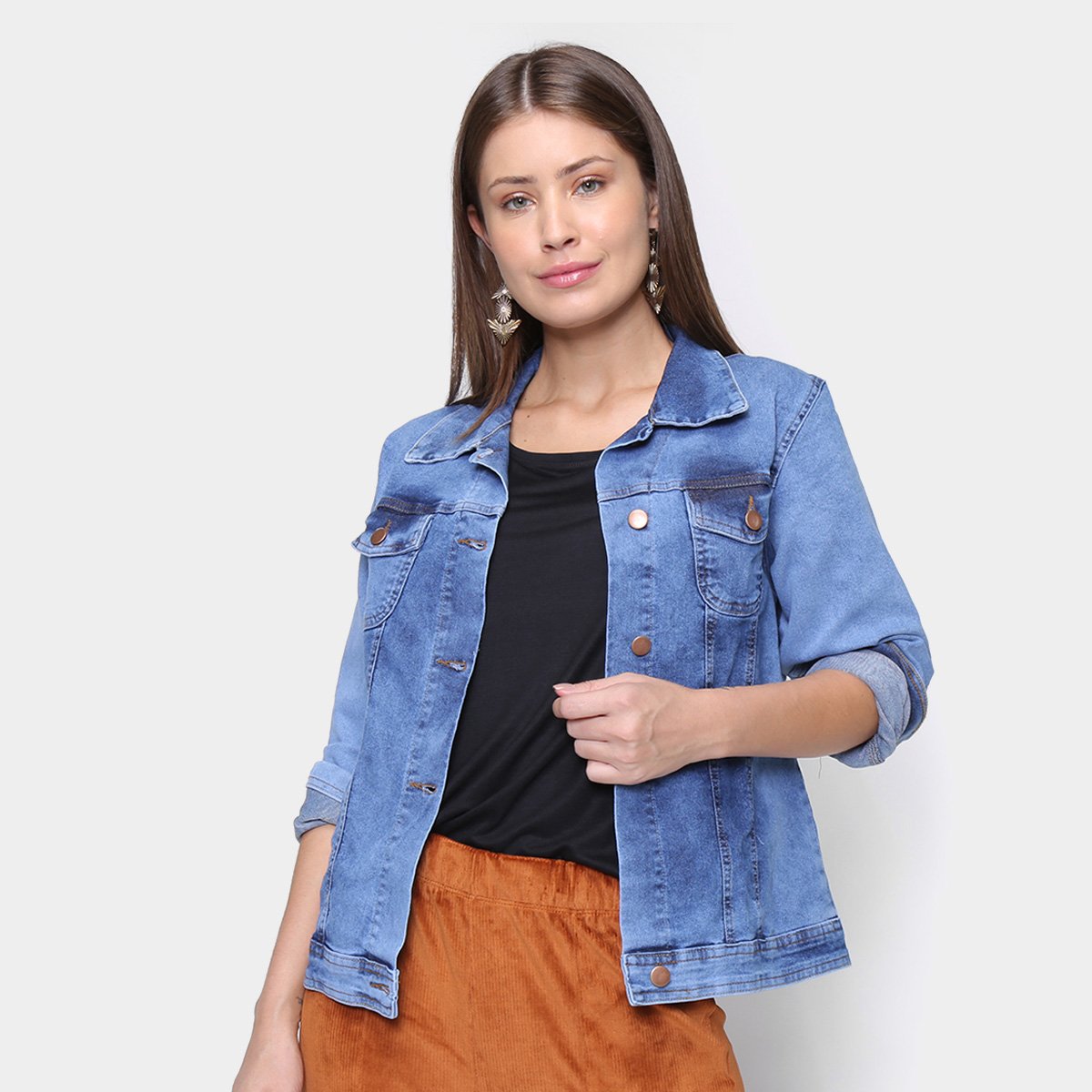Jaqueta Jeans Cambos Alongada Feminina - Azul Menor preço em Jaqueta Jeans Cambos Alongada Feminina - Azul