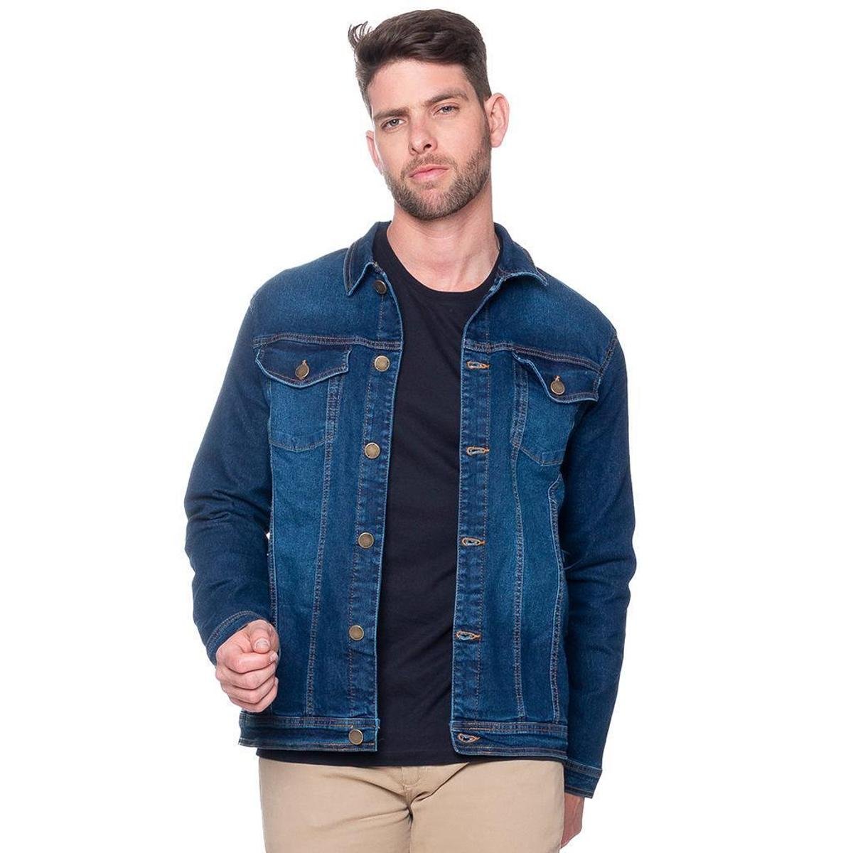 Jaqueta Jeans Clássica Masculina Com Bolso Interno - Azul Menor preço em Jaqueta Jeans Clássica Masculina Com Bolso Interno - Azul