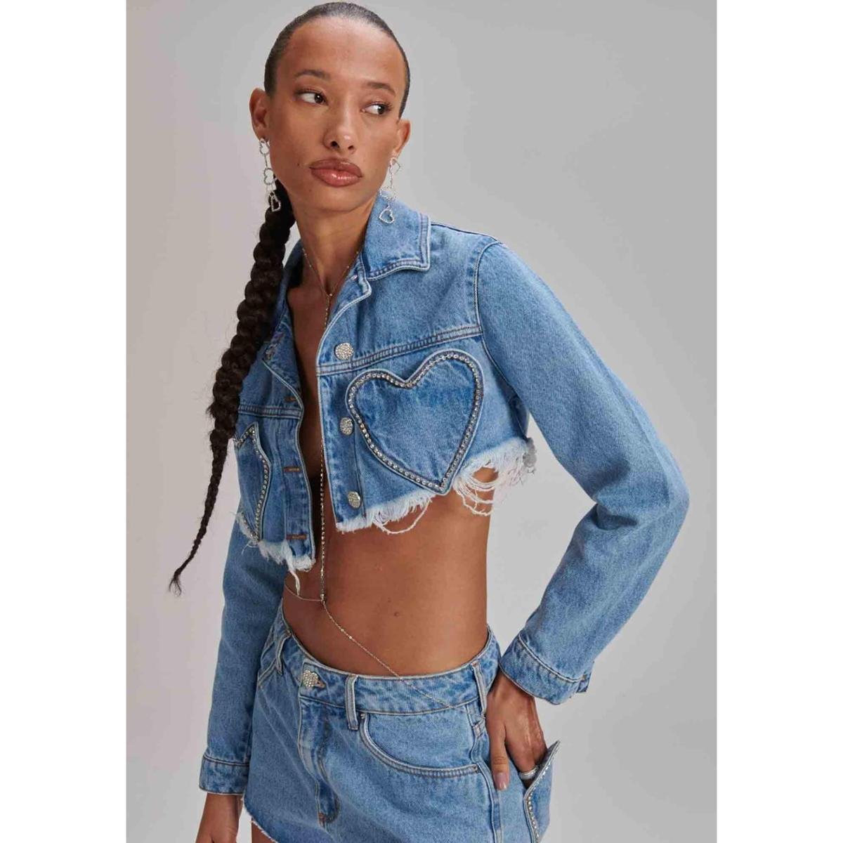 Jaqueta Jeans Cropped Coração My Favorite Things - Azul Menor preço em Jaqueta Jeans Cropped Coração My Favorite Things - Azul