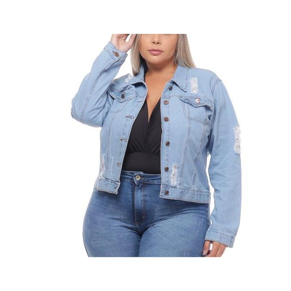 Plus Size Jaqueta Jeans Com A Manga De Moletom Plus Size Jaqueta