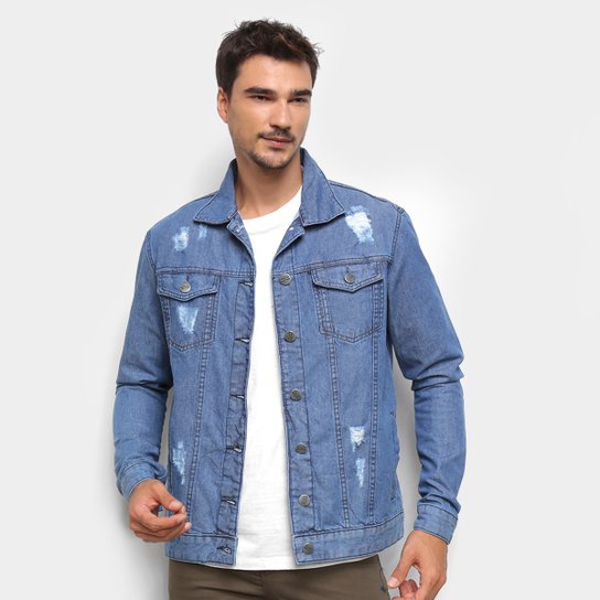 Jaqueta Jeans Ecxo Básica Puídos Masculina - Azul