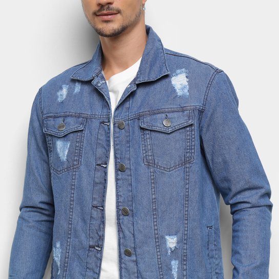 Jaqueta Jeans Ecxo Básica Puídos Masculina - Azul