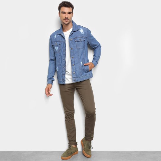 Jaqueta Jeans Ecxo Básica Puídos Masculina - Azul