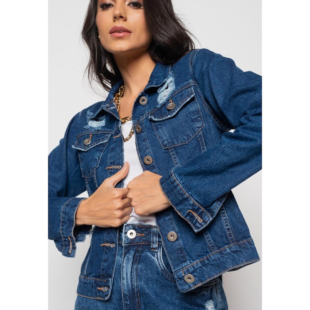Jaqueta Jeans Escura Com Rasgos Salvatore Fashion