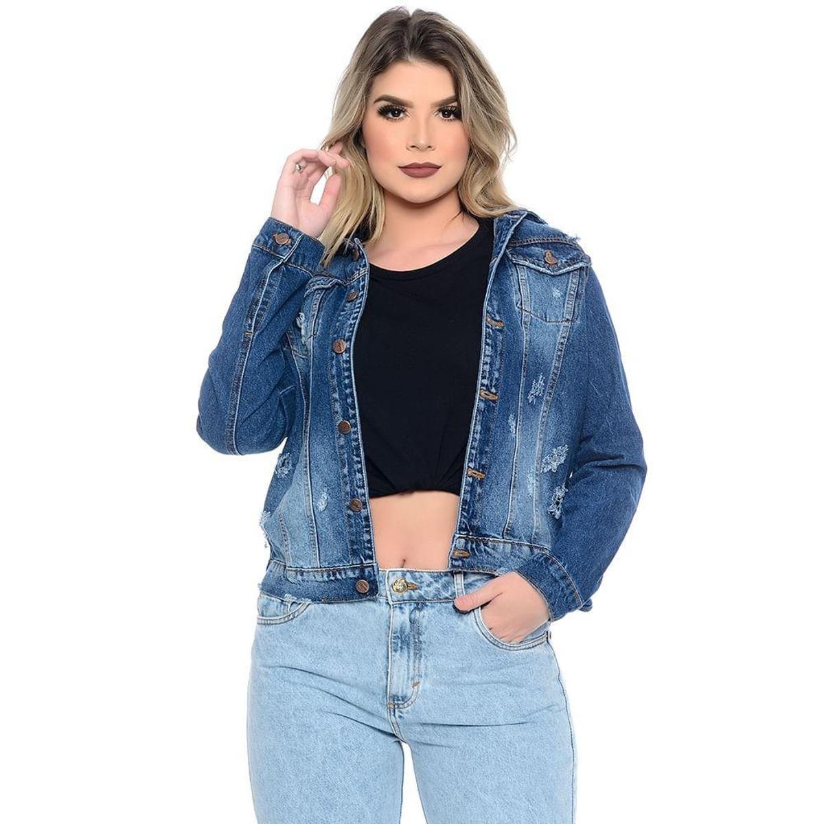 Jaqueta Jeans Estampadas Com Puídos Emporio Alex - Azul Escuro Menor preço em Jaqueta Jeans Estampadas Com Puídos Emporio Alex - Azul Escuro