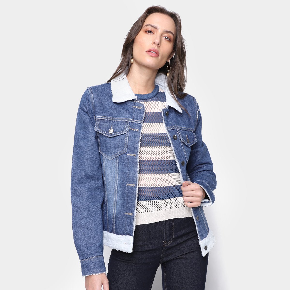 Jaqueta Jeans Extin Com Pelos Feminina - Marinho Menor preço em Jaqueta Jeans Extin Com Pelos Feminina - Marinho