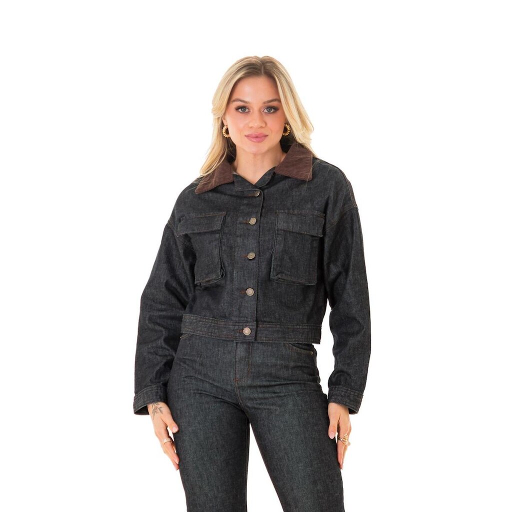 Jaqueta Jeans Feminina Arauto Cropped Gola Veludo