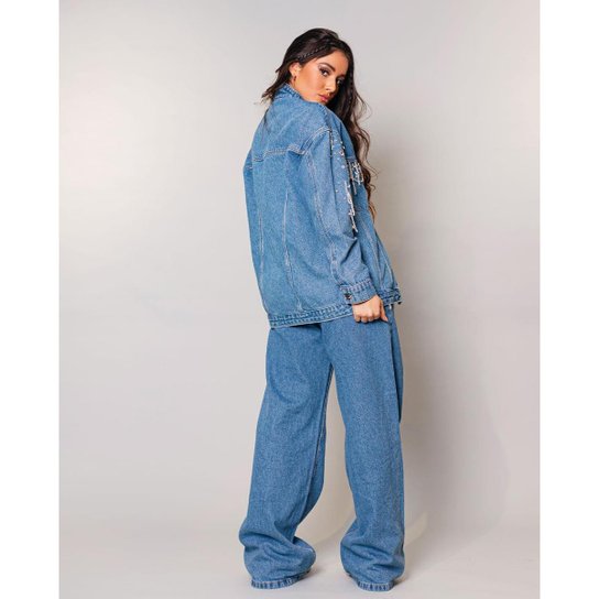 Jaqueta Jeans Feminina Oversize com Aplicações By - Shine 21963 Média Cjxig
