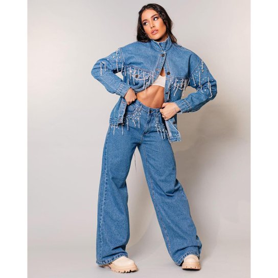 Jaqueta Jeans Feminina Oversize com Aplicações By - Shine 21963 Média Cjxig