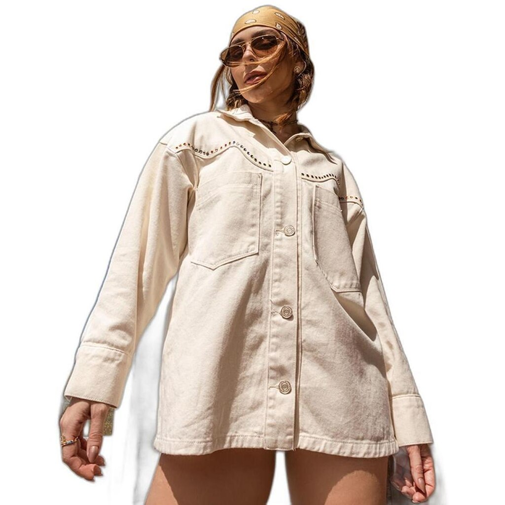 JAQUETA JEANS FEMININA OVERSIZED COM APLICAÇÃO